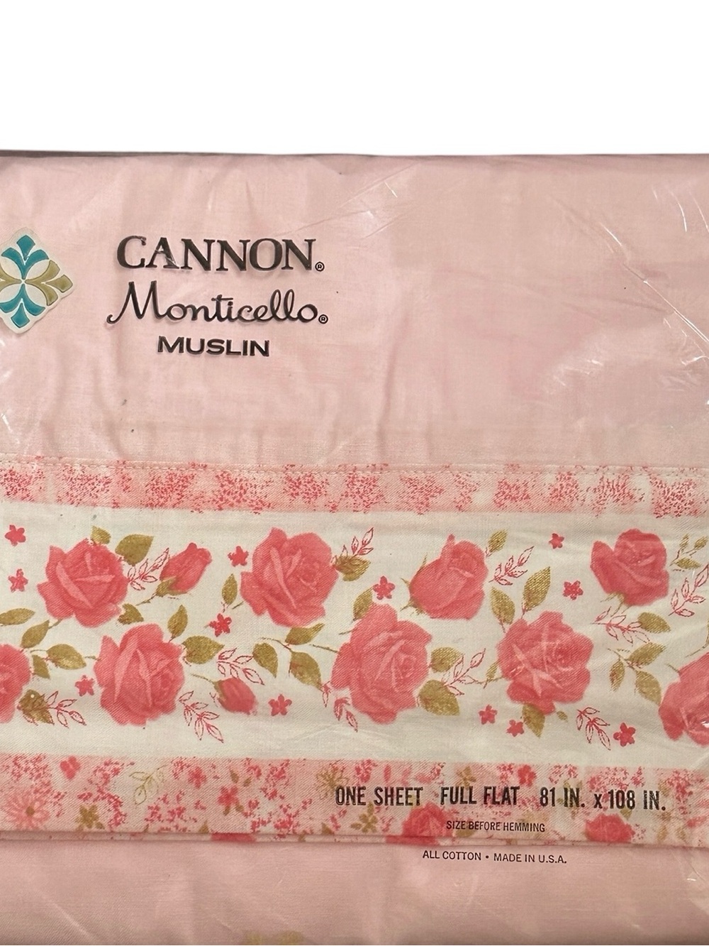 Vtg Cannon Monticello Muslin FULL FLAT Sheet NEW Floral Pink Cottagecore Girly